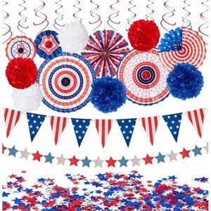 29-Piece Patriotic Party Decor Set – Red, White & Blue Fans, Poms, Banners
